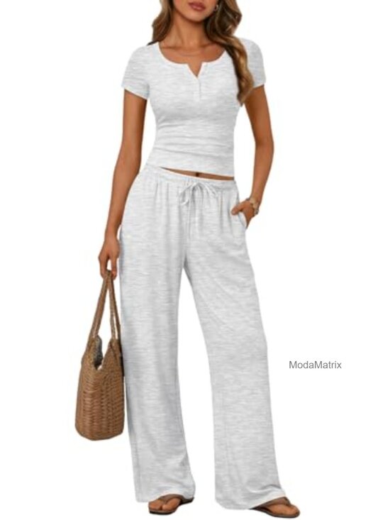 Other - Women's 2 Piece Lounge Set with Pockets Henley Crop Top